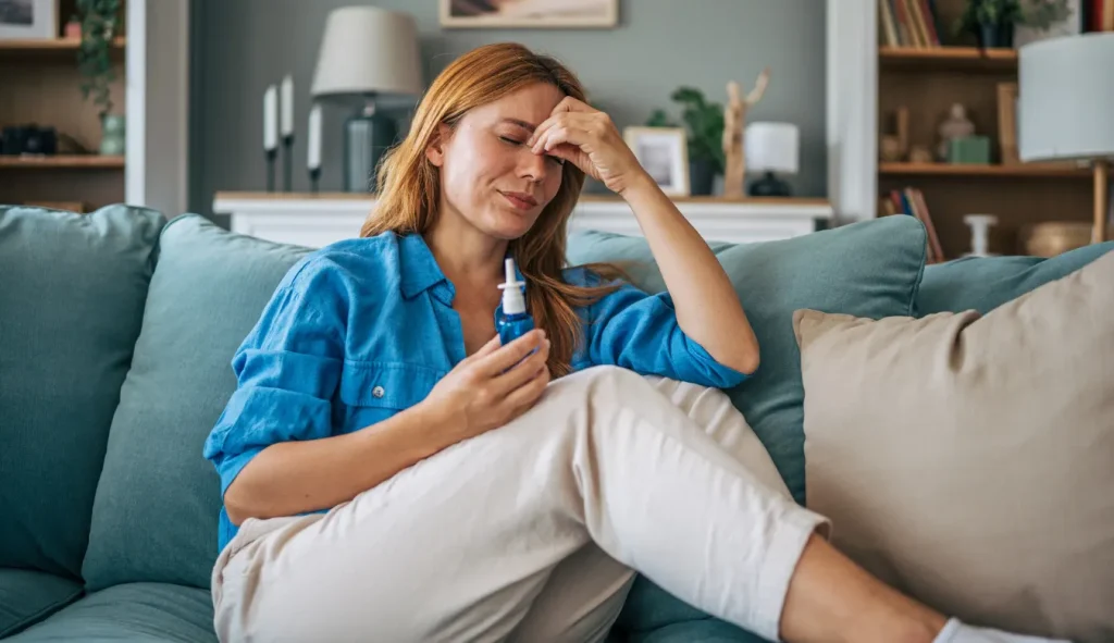hayfever and alcohol. A woman using a nasal spray for hayfever